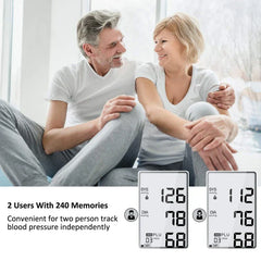 Arm Blood Pressure Monitor - Two senior people smiling, with two user blood pressure reading displays and text noting 2 users with 240 memories.