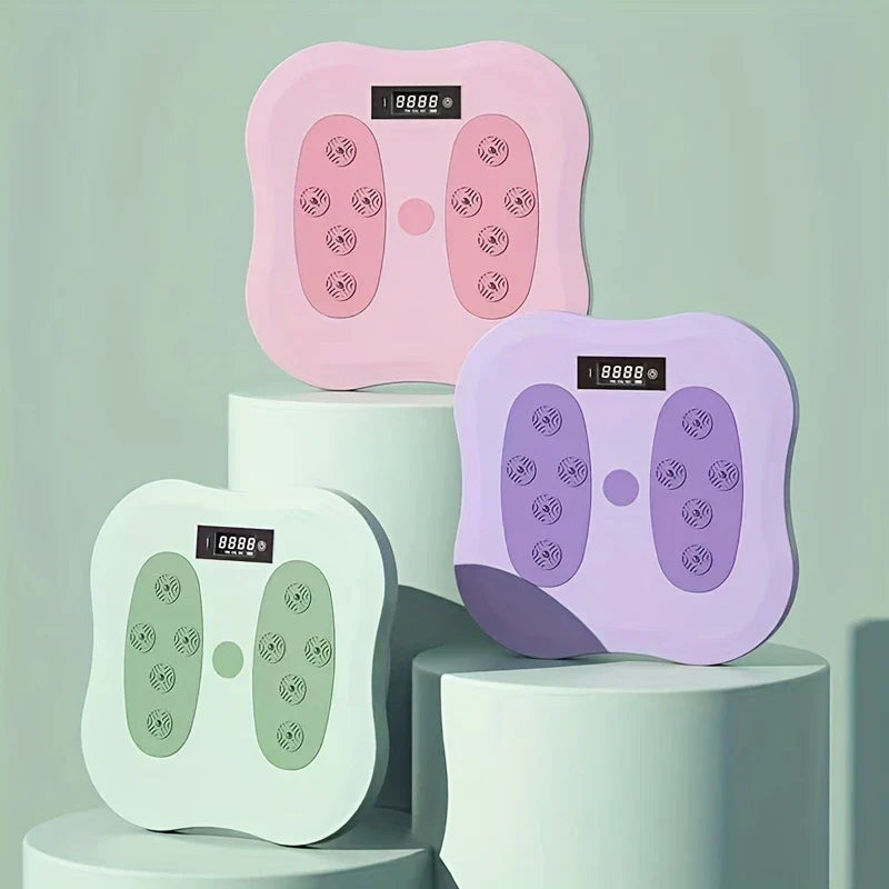 Waist Twisting Disc Board - Three color variants of the square fitness device (green, pink, purple) displayed on stacked cylindrical pedestals