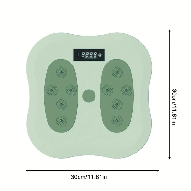Waist Twisting Disc Board - Square light green fitness device with digital display, foot zones with textured nodes, and dimension labels showing 30cm/11.81in