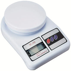 Digital Kitchen Scale - Close-up angled view of empty white SF-400 scale showing control buttons, digital display, and round weighing platform