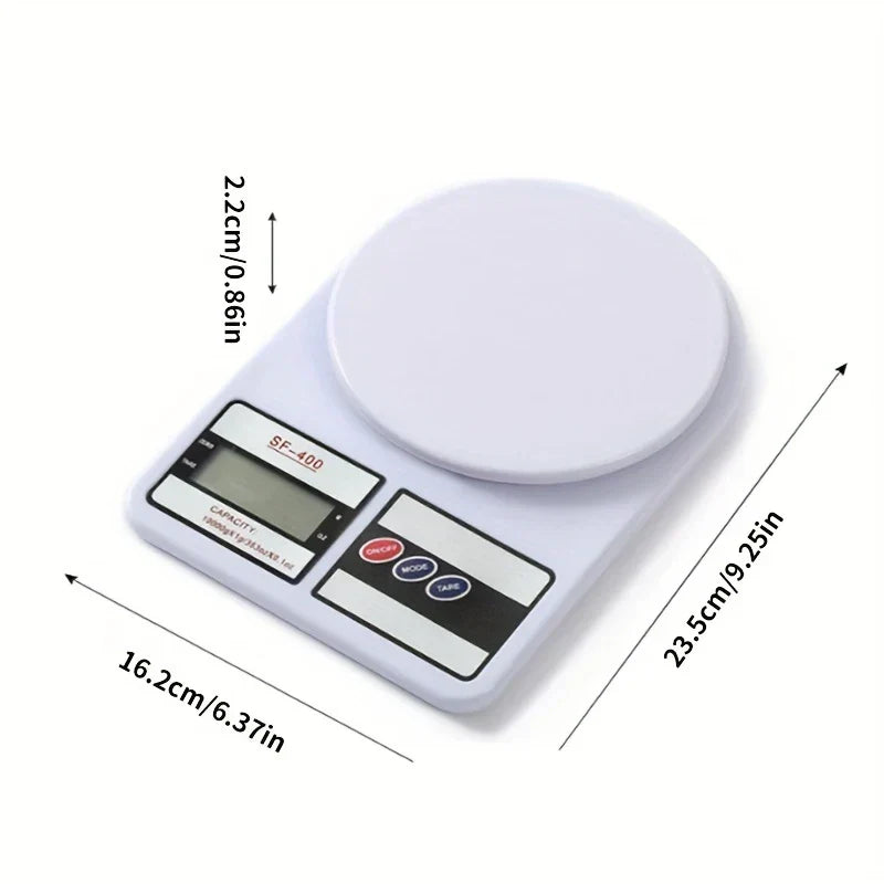 White digital kitchen scale on white background, with printed dimension labels in cm and inches.
