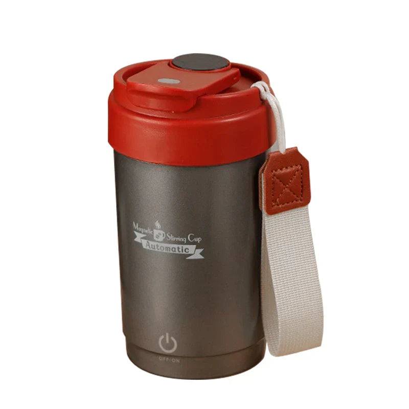 taza térmica inteligente con pantalla digital - taza de viaje aislada gris con tapa roja, correa de tela de transporte y tapa abatible