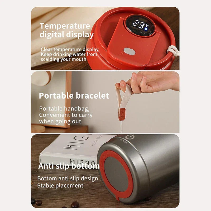 taza térmica inteligente con pantalla digital - collage de detalles del producto en tres paneles que muestra la tapa aislada con pantalla de temperatura, correa de transporte y base antideslizante