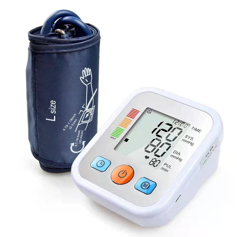 Blood Pressure Monitor - Monitor unit and rolled large navy upper arm cuff with size and placement guides