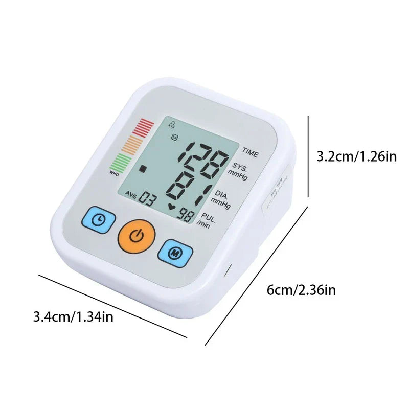 Digital arm blood pressure monitor showing its dimensions in both centimeters and inches