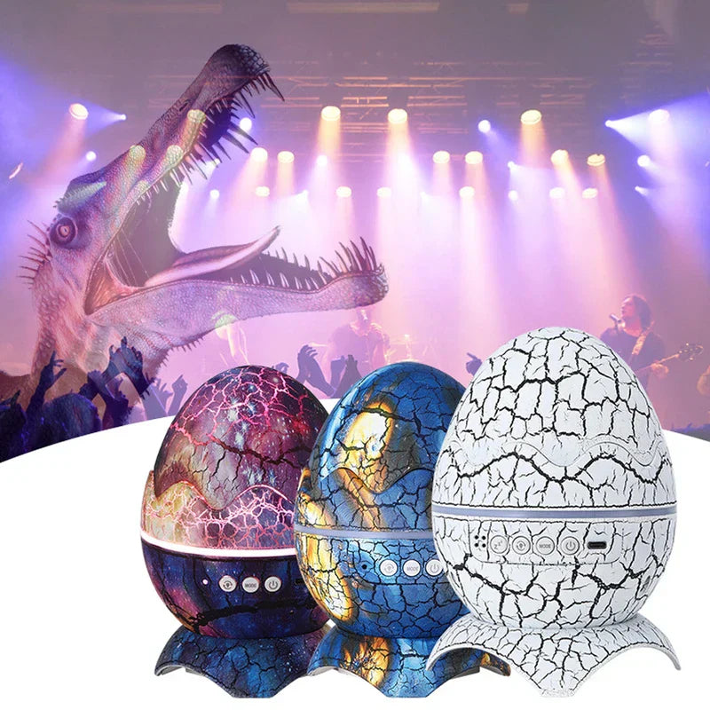 Star Projector Light - Three cracked egg design projectors in galaxy, blue lava, and white cracked finishes, concert dinosaur backdrop