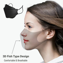 كمامات وجه للاستخدام مرة واحدة - منظر جانبي لامرأة توضح ملاءمة كمامة وجه سوداء بتصميم 3D على شكل سمكة، مع رسم توضيحي منفصل للكمامة