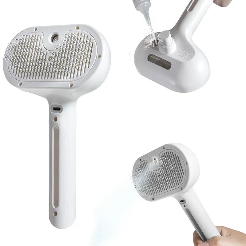 Undercoat Rake - Three views of the pet grooming brush showing bristle face, water fill port, and held use position