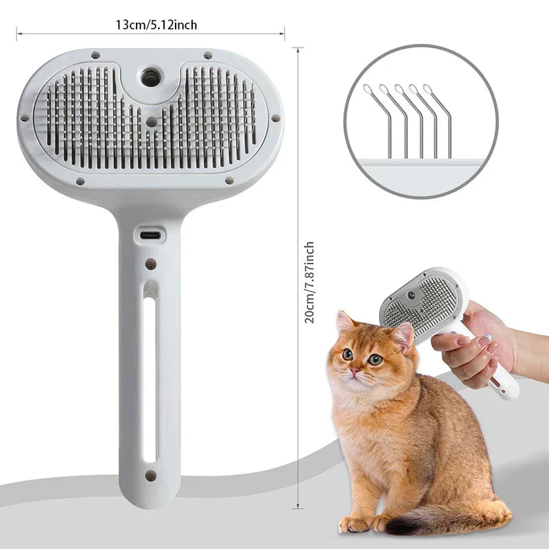 Undercoat Rake - White pet grooming brush with dimensions shown, close-up of bristle tips, and hand using brush on an orange cat