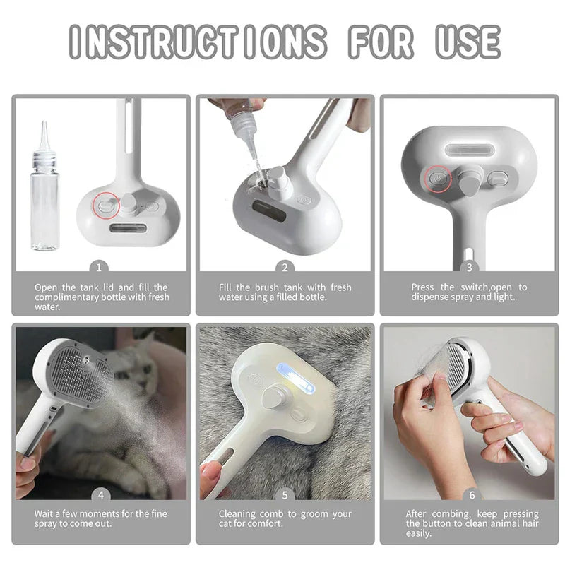 Undercoat Rake - Six-step instructional diagram for a spray pet grooming brush, showing setup, use, and cleaning.
