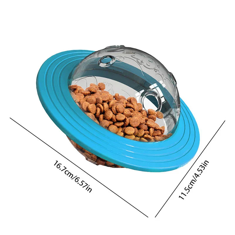 Blue and clear dog chew ball filled with kibble, with 16.7cm and 11.5cm dimension labels