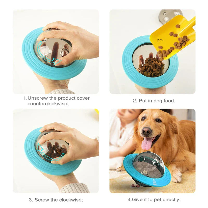 Step-by-step guide showing how to fill a dog chew ball with kibble and give it to a golden retriever