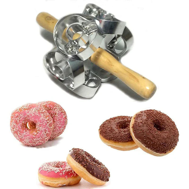 Donut Cutter - Rolling cutter displayed above finished iced donuts with sprinkles