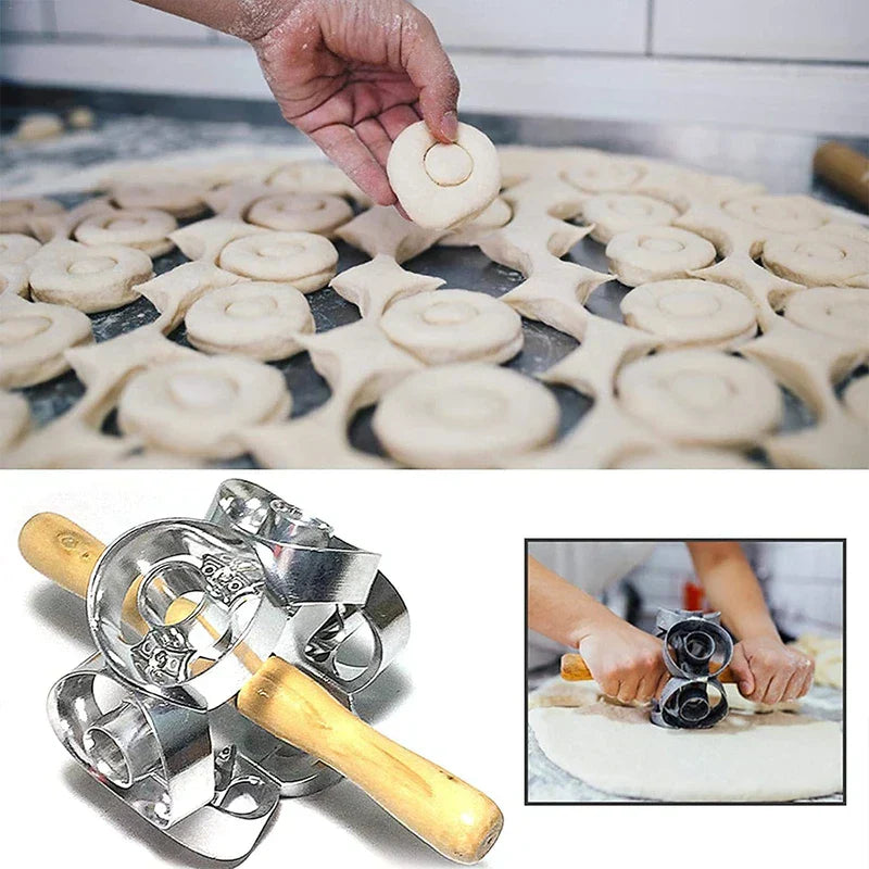 Donut Cutter - Doughnut cutter tool with use demonstration: top shows hand holding cut dough over cut dough sheet, bottom shows tool close-up and hands rolling cutter on flat dough.