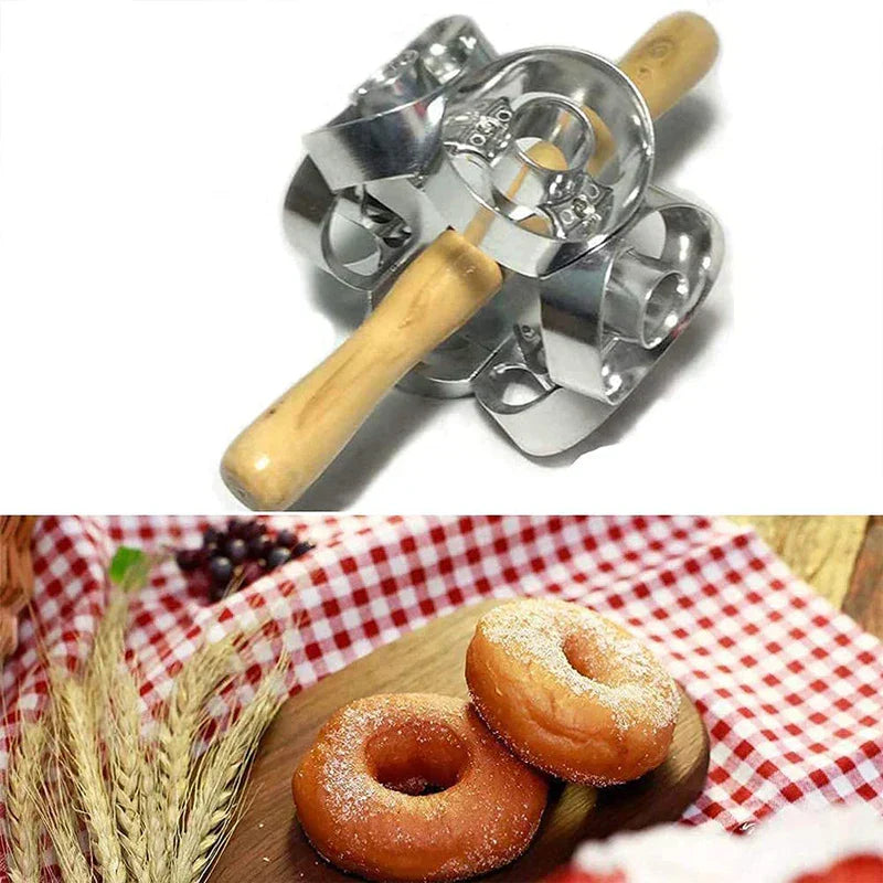 Donut Cutter - Rolling dough cutter above, two finished sugared doughnuts resting on a wooden board over red and white checkered cloth below.