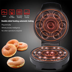 Mini Donut Maker - Infographic highlighting double-sided heating feature next to finished sugar-dusted donuts