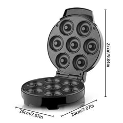 Mini Donut Maker - Donut maker opened, showing seven donut molds, with height and width dimensions marked beside it