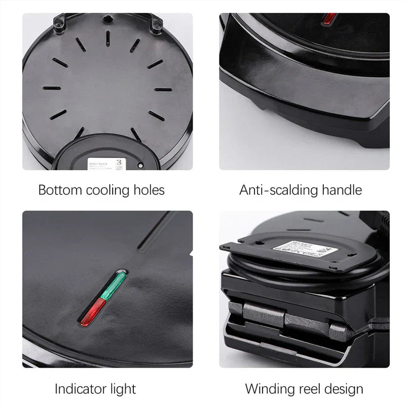 Mini Donut Maker - Four-panel close-up showing donut maker's bottom cooling holes, anti-scald handle, indicator lights, and cord winding reel