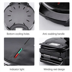 Mini Donut Maker - Four-panel close-up showing donut maker's bottom cooling holes, anti-scald handle, indicator lights, and cord winding reel