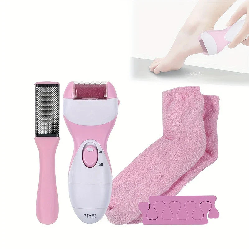 Pink callus remover pedicure set displayed with small inset showing use of the electric foot tool on a heel
