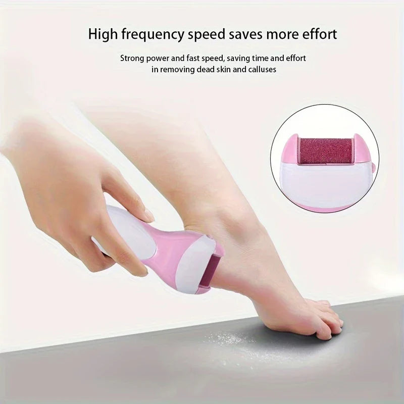 Hand holding pink electric callus remover against a person's heel, with closeup of the remover head