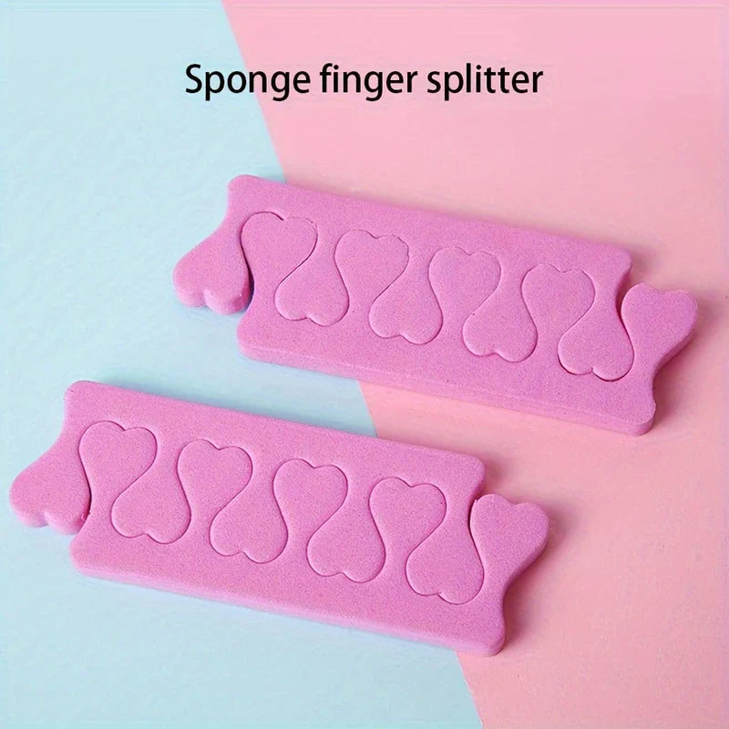 Two pink heart-shaped foam toe separators resting on pastel colored surfaces