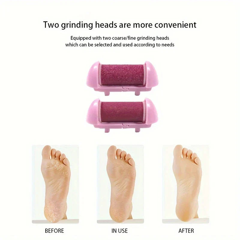 Two purple electric foot grinder replacement heads shown above before/after foot callus comparison, a callus remover pedicure set detail