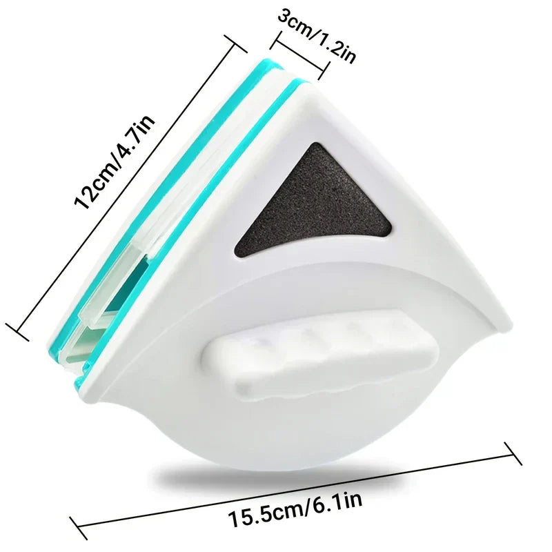 White and teal triangular magnetic window cleaner with size dimension labels on a white background
