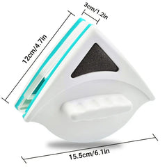 White and teal triangular magnetic window cleaner with size dimension labels on a white background