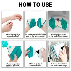 Six-step how-to-use guide showing hands preparing and using a magnetic window cleaner