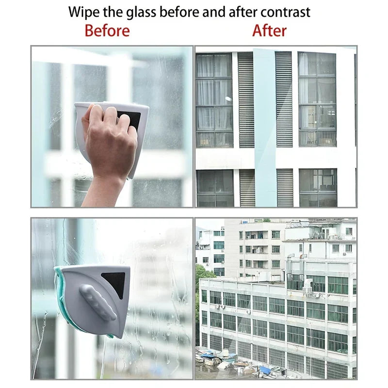 Magnetic Window Cleaner - Four-panel before-and-after comparison showing glass windows before and after cleaning