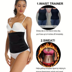 Cincher - Black waist trainer on model in white underwear, with two inset graphics showing before/after waist shape and sweating abdomen