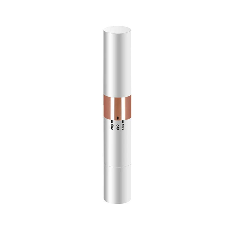 Body Trimmer For Men - Closed cylindrical white and rose gold electric grooming device with ON1, OFF, ON2 control markings