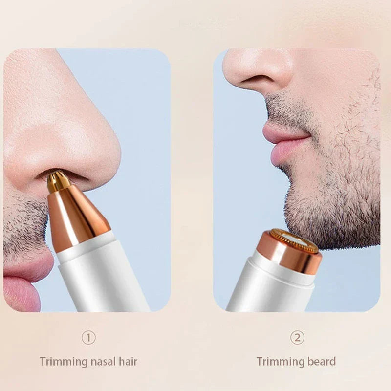 Body Trimmer For Men - Two-panel demonstration showing nasal hair trimming and beard trimming use cases for the grooming device