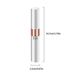 Body Trimmer For Men - Pen-shaped electric trimmer with white body and rose gold accent band, showing length 14.7cm and diameter 2.2cm, with ON1/OFF/ON2 markings