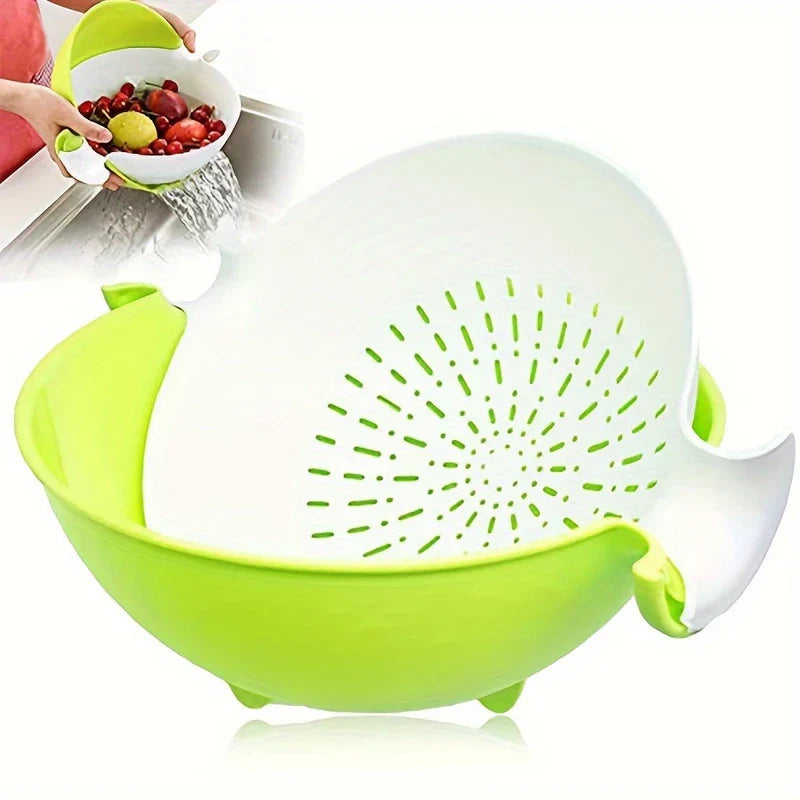 Colander Bowl Set - Two-toned green and white plastic colander, inset showing it being tilted to drain water from washed fruit over a sink