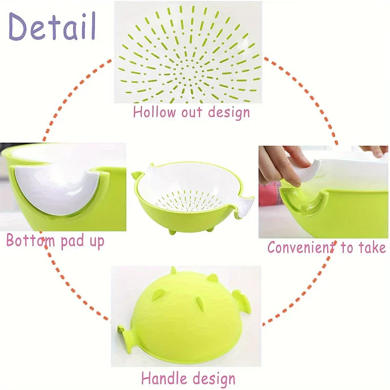 Colander Bowl Set - Diagram highlighting key design features: perforations, raised feet, handles, and easy-grip tabs