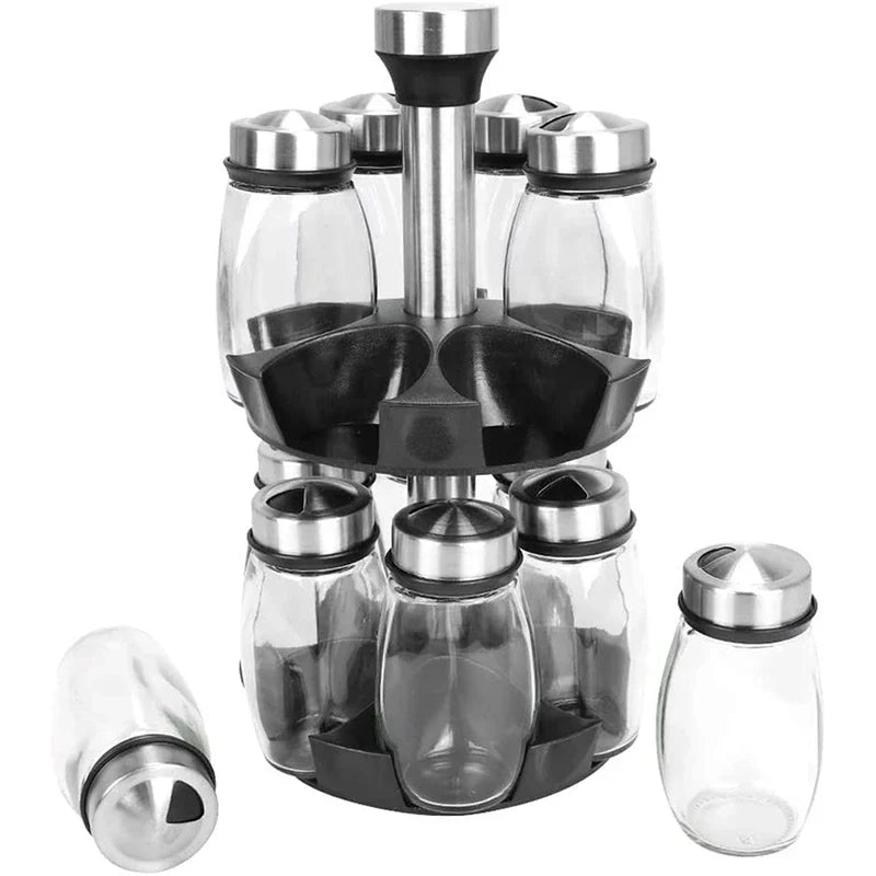 Spice Rack Organizer - Empty two-tier rotating storage unit with glass spice jars, some jars positioned outside the rack