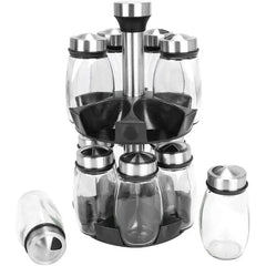 Spice Rack Organizer - Empty two-tier rotating storage unit with glass spice jars, some jars positioned outside the rack