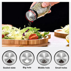 Spice Rack Organizer - Hand tilts a spice jar over a salad, with four jar lid settings shown below the action