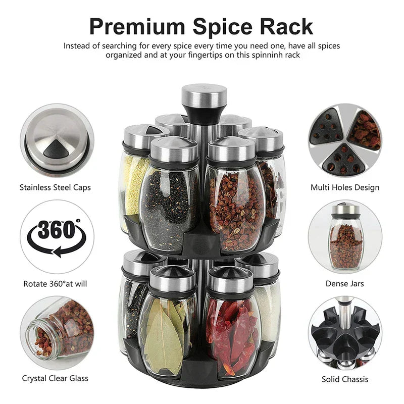 Spice Rack Organizer - Premium two-tier rotating spice rack holding jars of assorted spices, with feature callouts surrounding it