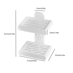 Soap Dish Holder - White double-tier wall-mounted soap holder with labeled dimension markings on a plain white background.