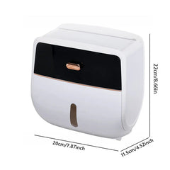 Portapañuelos: dispensador de papel higiénico montado en pared con cuerpo blanco, panel frontal negro, acentos en rosa dorado y dimensiones etiquetadas