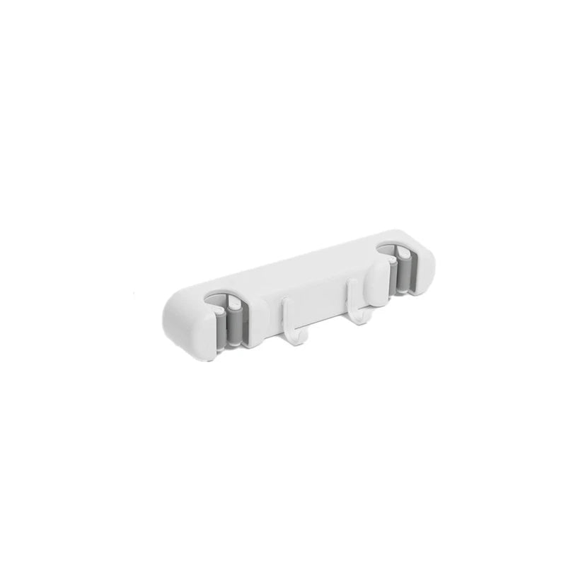 Double Mop Broom Holder - White wall-mounted storage unit with two roller grip slots and two integrated hooks