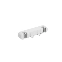 Double Mop Broom Holder - White wall-mounted storage unit with two roller grip slots and two integrated hooks