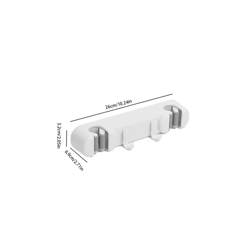 Double Mop Broom Holder - White wall-mounted mop broom holder with 2 slots, 2 hooks shown with labeled dimensions 26cm long, 6.9cm deep, 5.2cm tall.