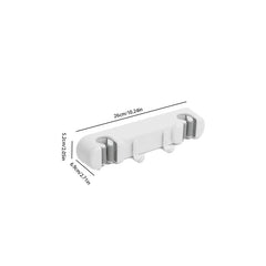 Double Mop Broom Holder - White wall-mounted mop broom holder with 2 slots, 2 hooks shown with labeled dimensions 26cm long, 6.9cm deep, 5.2cm tall.