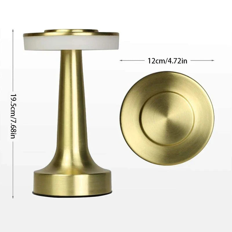 Led Desk Lamp - Brass-toned table lamp shown with height and base diameter measurements, alongside its circular brass base