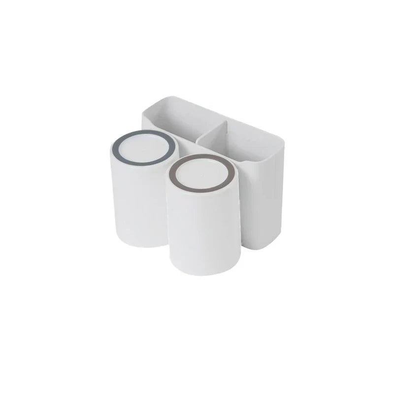Cup Holder Set - White bathroom organizer unit with two cylindrical cups and divided open storage compartment