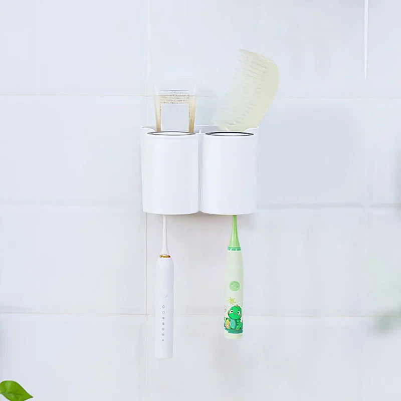 Cup Holder Set - Wall-mounted organizer holding two toothbrushes, with cups placed in upper slots and small items stored in top compartments